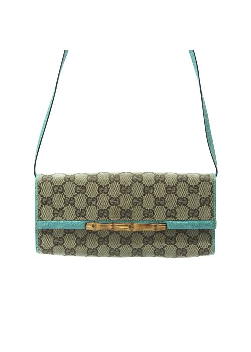 Beige and turquoise monogrammed fabric bag