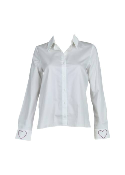 White shirt with embroidered pink hearts