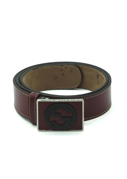Red leather belt with red and black buckle