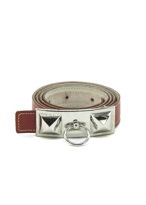 Red leather belt with silver buckle