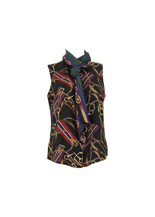 Black top with colourful equestrian motifs
