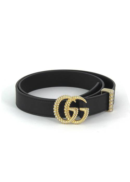 Black leather belt with gold buckle GG