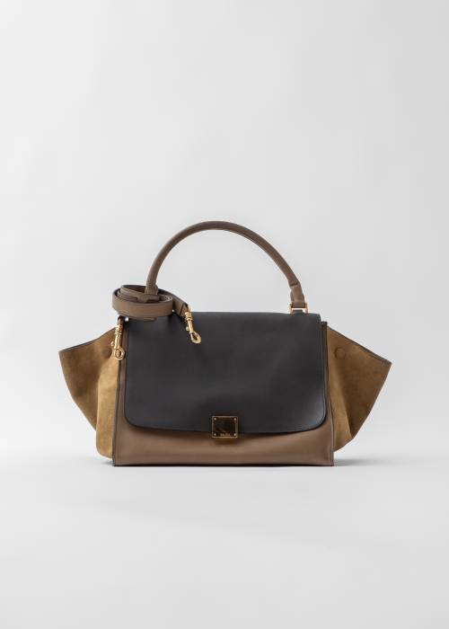 Trapeze bag in leather and suede, black, beige and khaki