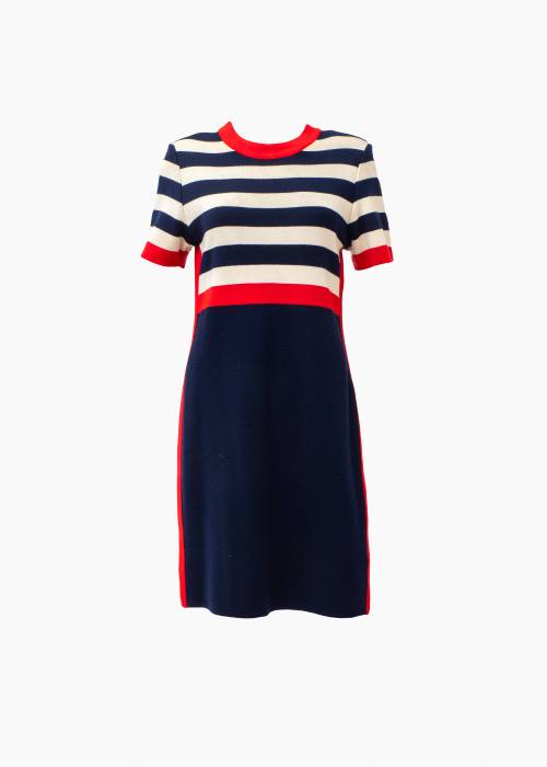 Dress in blue and red wool with white stripes