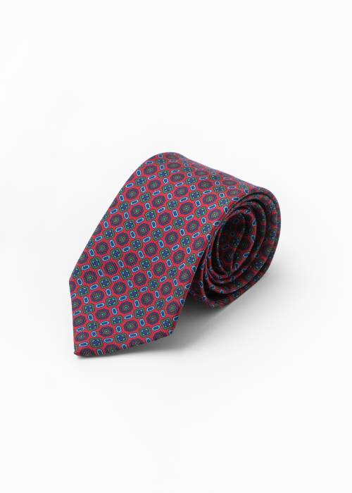 Bordeaux, navy and green silk tie