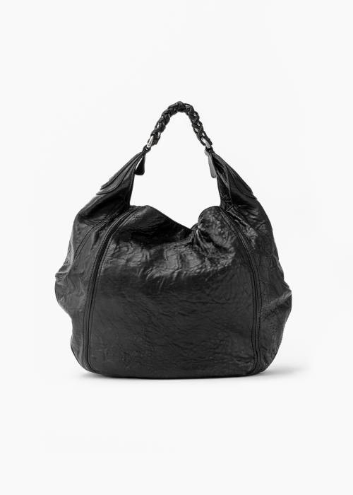 Black leather bag with silver jewelry