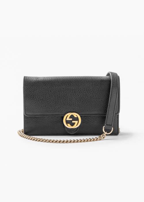 Gucci Interlocking Wallet on Chain aus schwarzem Leder