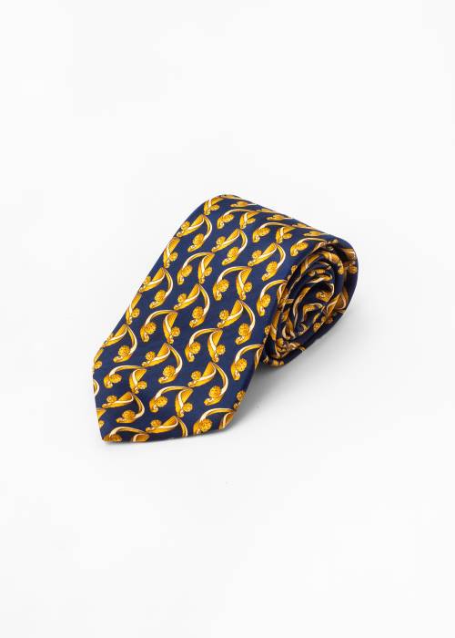 Cravate en soie bleu foncé et dorée