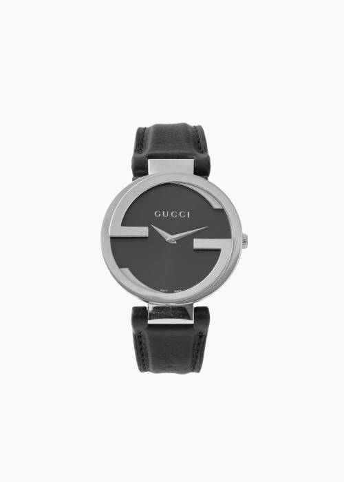 Steel watch with black leather strap