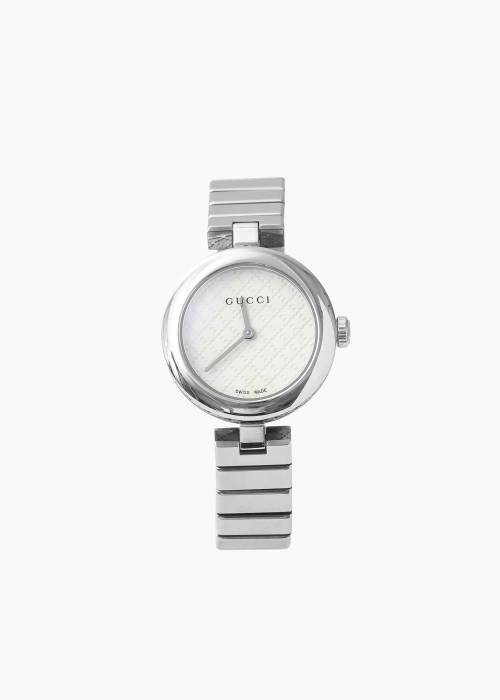 Watch with silver frame and white dial