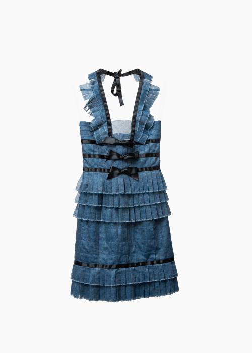 Blue dress with black ruffles and bows