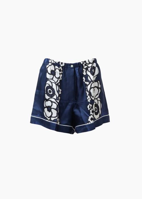 Navy blue silk shorts with floral print