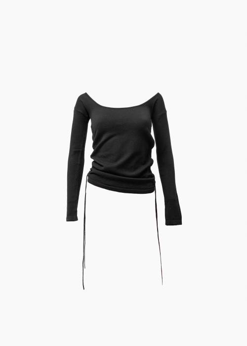 Black long-sleeved top with adjustable drawstrings