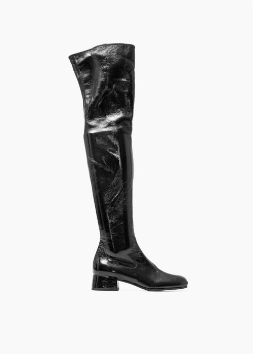 Black patent leather thigh boots