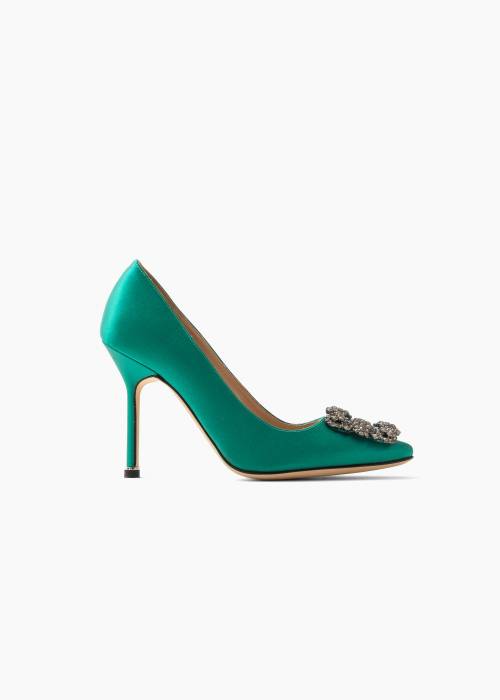 Green satin pumps