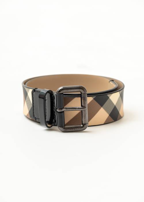 Patent leather and tartan canvas belt