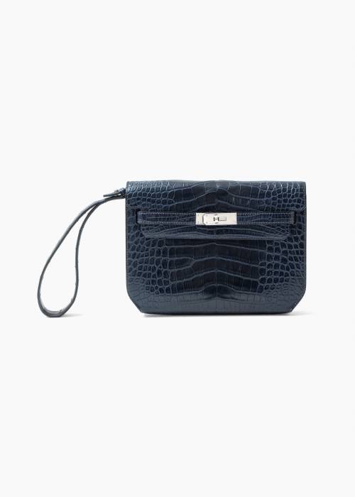 Kelly Dépêches clutch bag in navy blue alligator leather