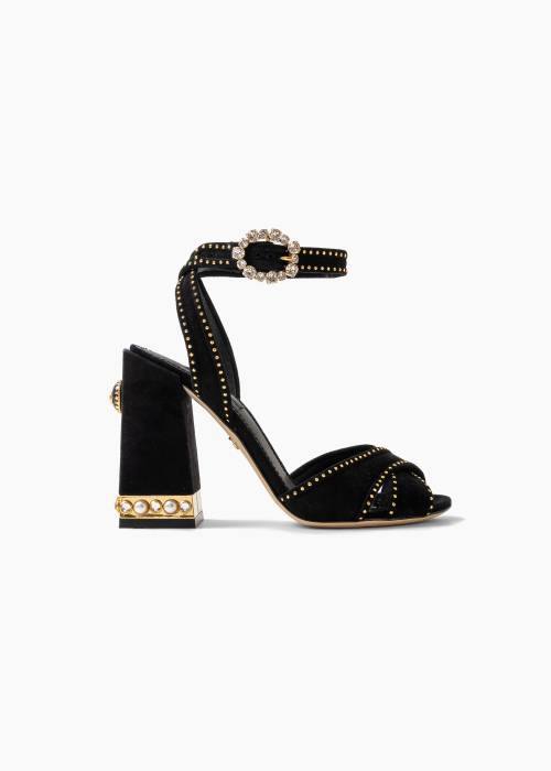 Black suede sandals with crystals and pearls