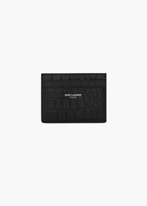 Porte-cartes en cuir embossé brillant crocodile noir