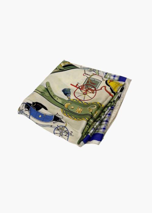 Carré 90 en soie blanc et bleu "Les voitures nouvelles"