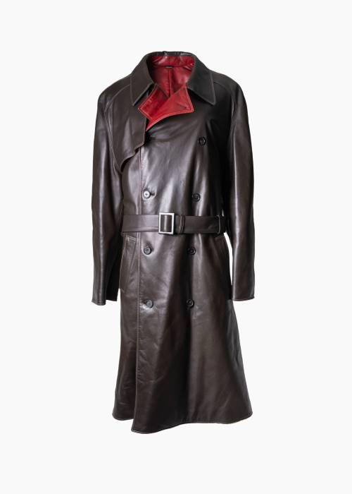 Manteau long ceinturé en cuir marron