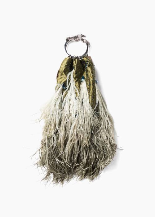 Sac bracelet vintage en Satin brodé de perles, de cristaux et de plumes véritables