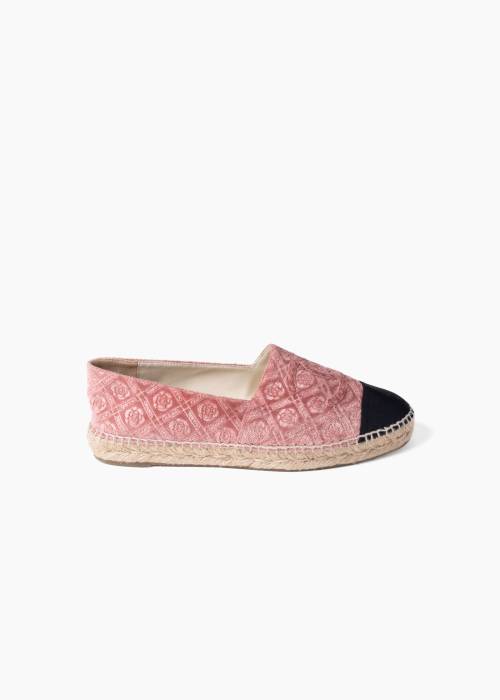 Rosa Samt-Espadrilles mit schwarzer Spitze
