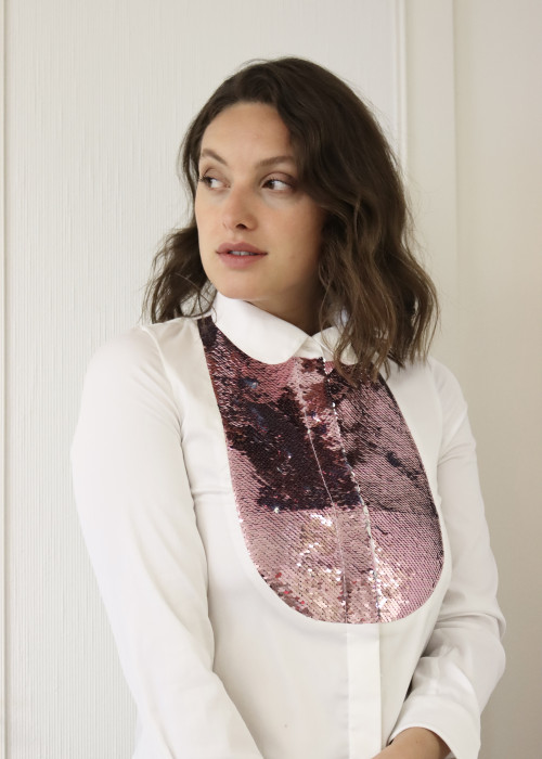 White shirt with pink sequin front panel