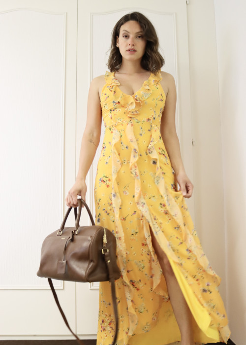 Long yellow dress with floral print
