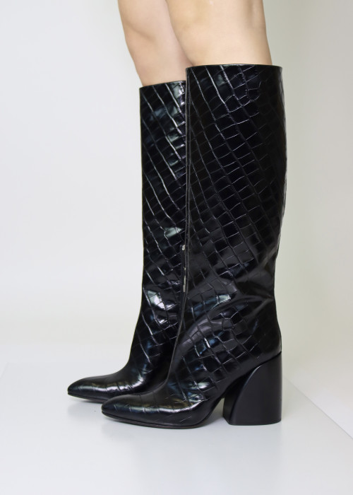 Black crocodile embossed leather boots