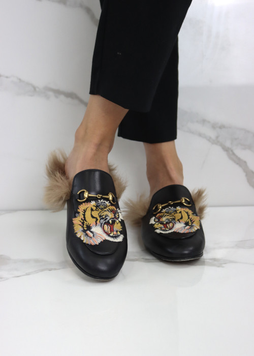 Leather and faux fur mules