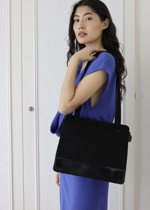 Two-tone bag in canvas and black patent leather