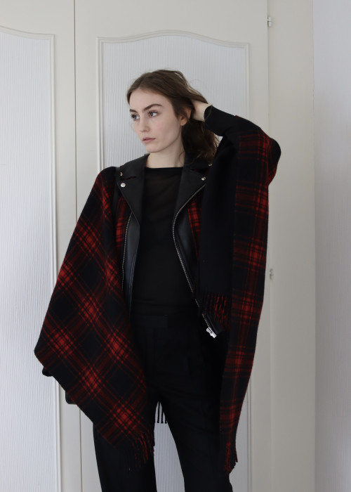 Black and red wool and leather cape
