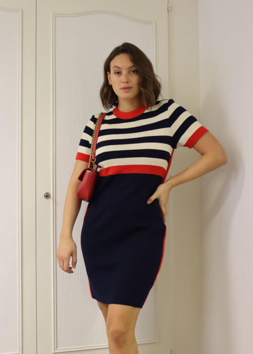 Dress in blue and red wool with white stripes
