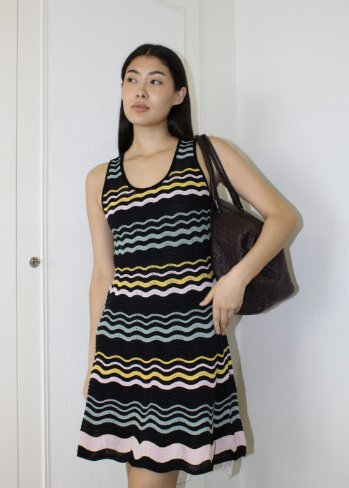 Dress in black, blue and yellow viscose, cotton and polyester lining