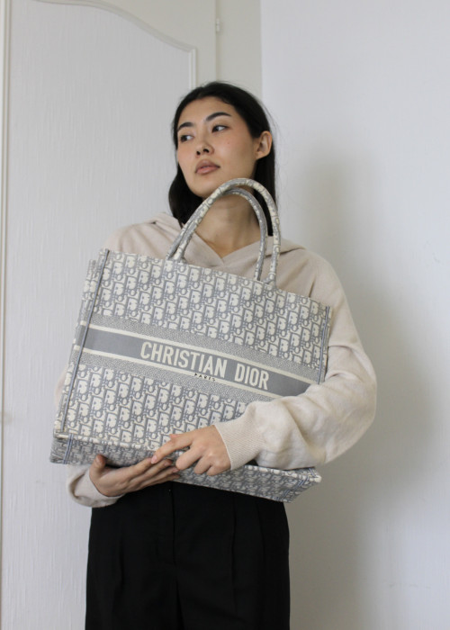 Grey and white canvas tote bag