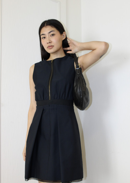 Dress in navy blue and black polyester, cotton and silk
