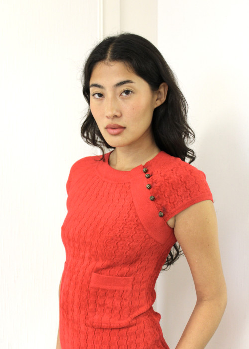 Red midi dress in bouclé knit