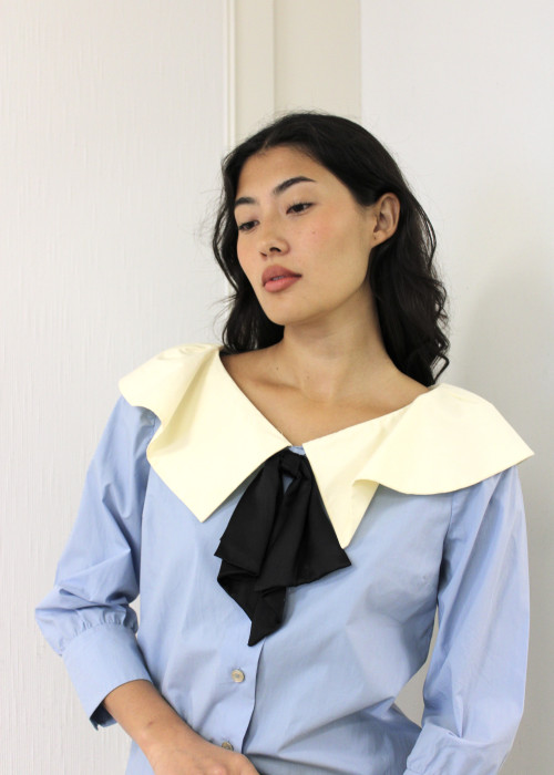 Blue and white blouse with claudine collar