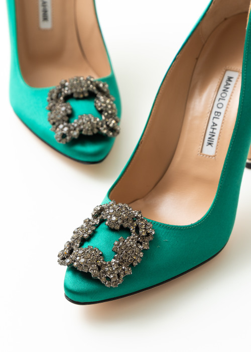 Green satin pumps