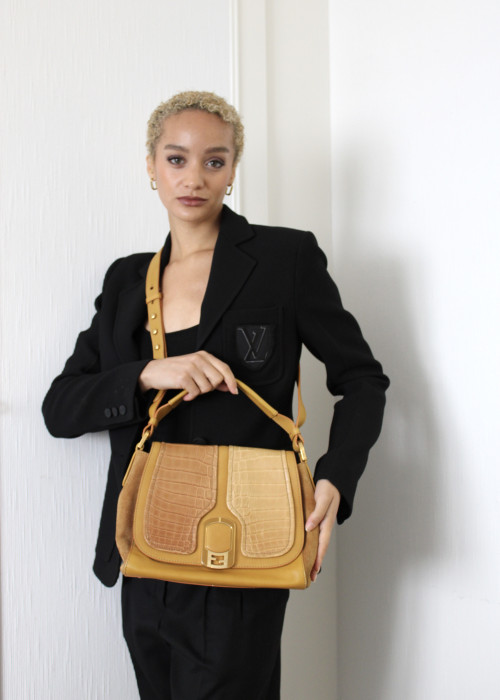 Sac Anna jaune en cuir, daim et crocodile