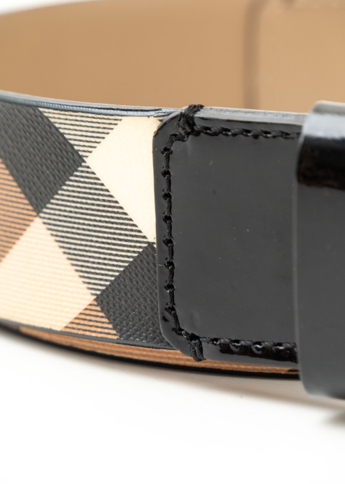 Patent leather and tartan canvas belt