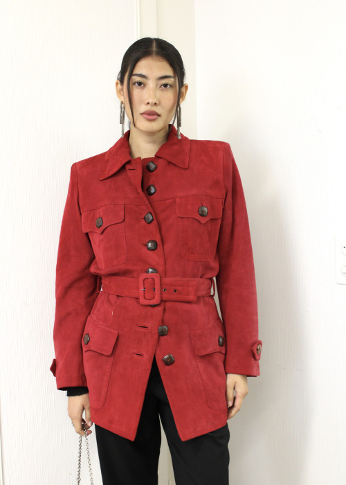 Belted red suede jacket