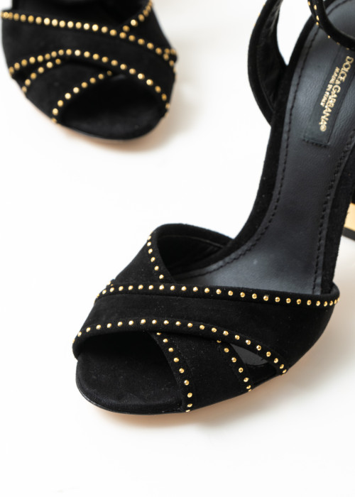 Black suede sandals with crystals and pearls