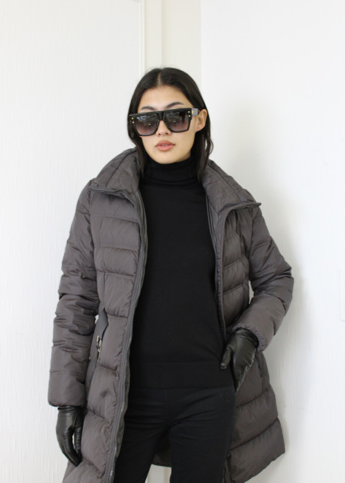 Long grey padded jacket with belt