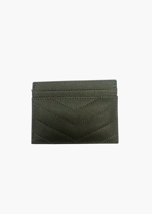 Dark green leather card holder with gold jewelry