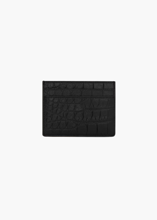 Porte-cartes en cuir embossé brillant crocodile noir