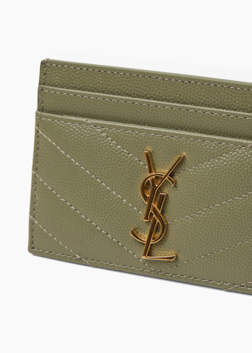 Porte carte en cuir vert foncé avec bijouterie dorée