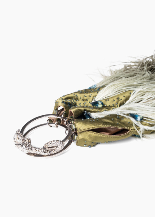 Sac bracelet vintage en Satin brodé de perles, de cristaux et de plumes véritables