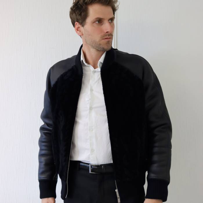 Navy blue leather and fur jacket Hermès